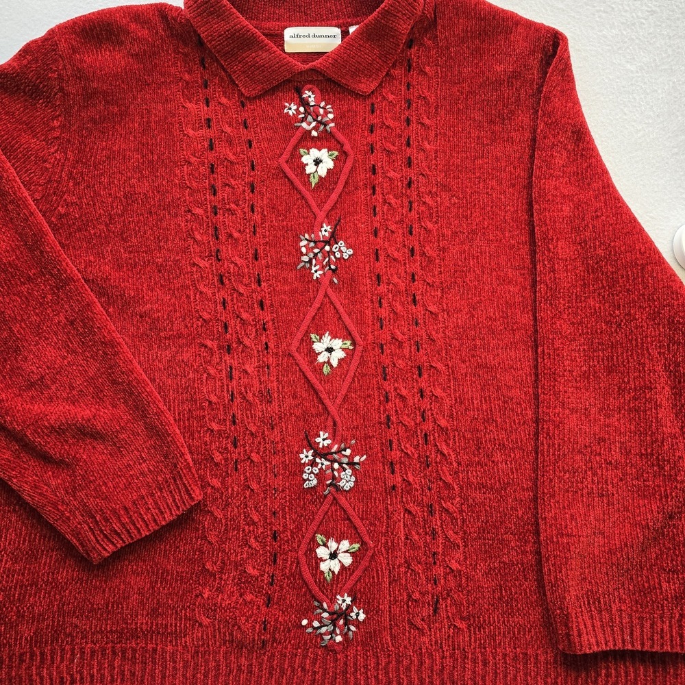Vintage Alfred Dunner 2X Red Cable Knit Sweater Floral Embroidered Grandmacore